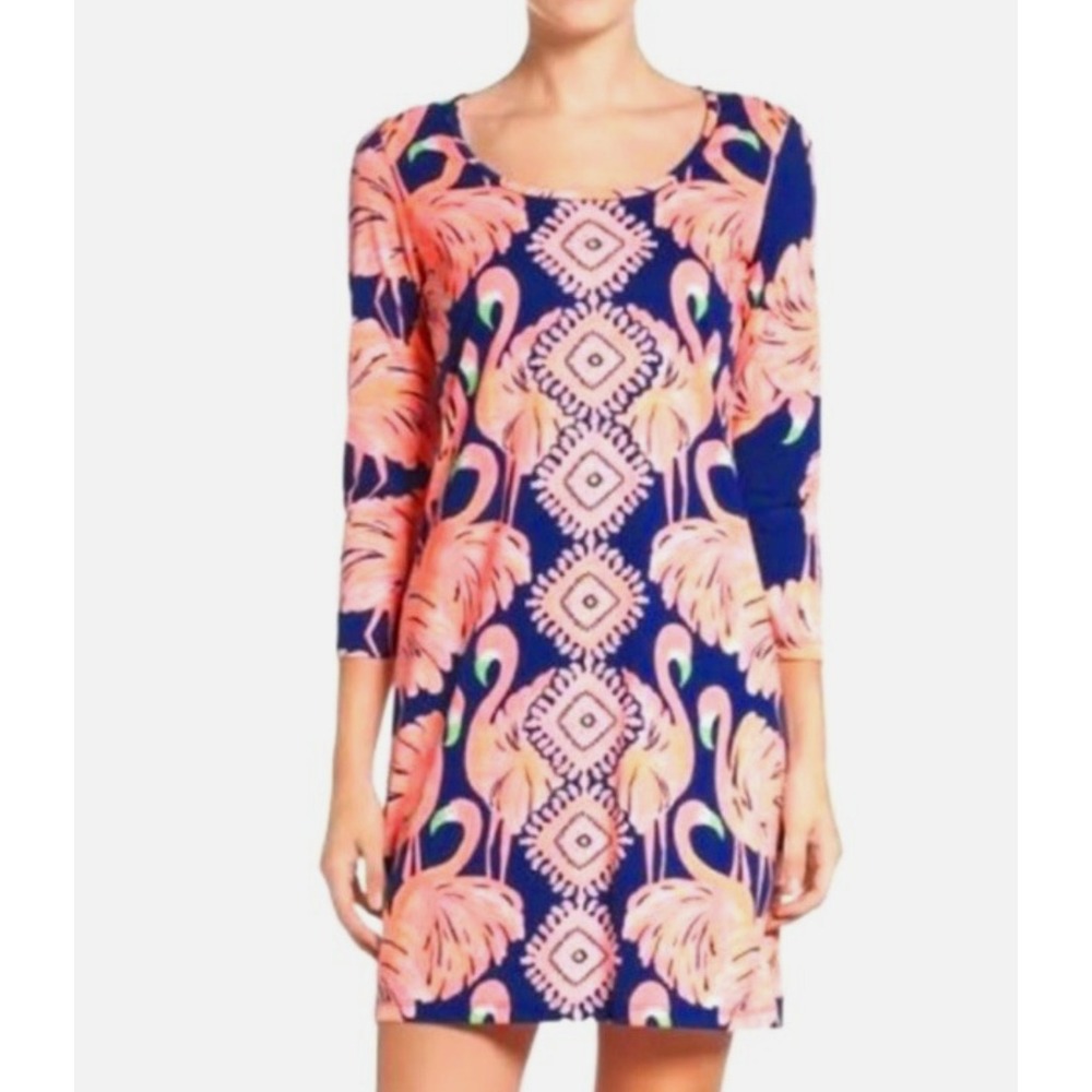 Lilly Pulitzer Beacon Gimme Some Leg Shift Dress Sz Large Flamingos Navy Blue L